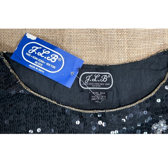 Vintage JLB Black Sequin Beaded Silk Shirt XL Gold Silver Whimsigoth Goth Core - Picture 2 of 4